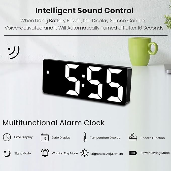 Alarm Clock Led Display Digital Mirror Alarm Clock Battery-Plug-In Alarm Clock